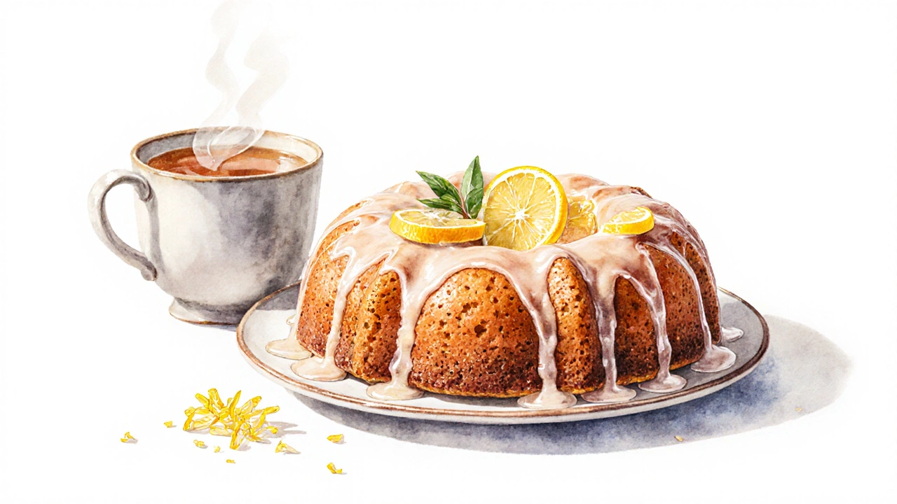 Lemon drizzle cake glistening with citrus glaze beside a cup of tea.