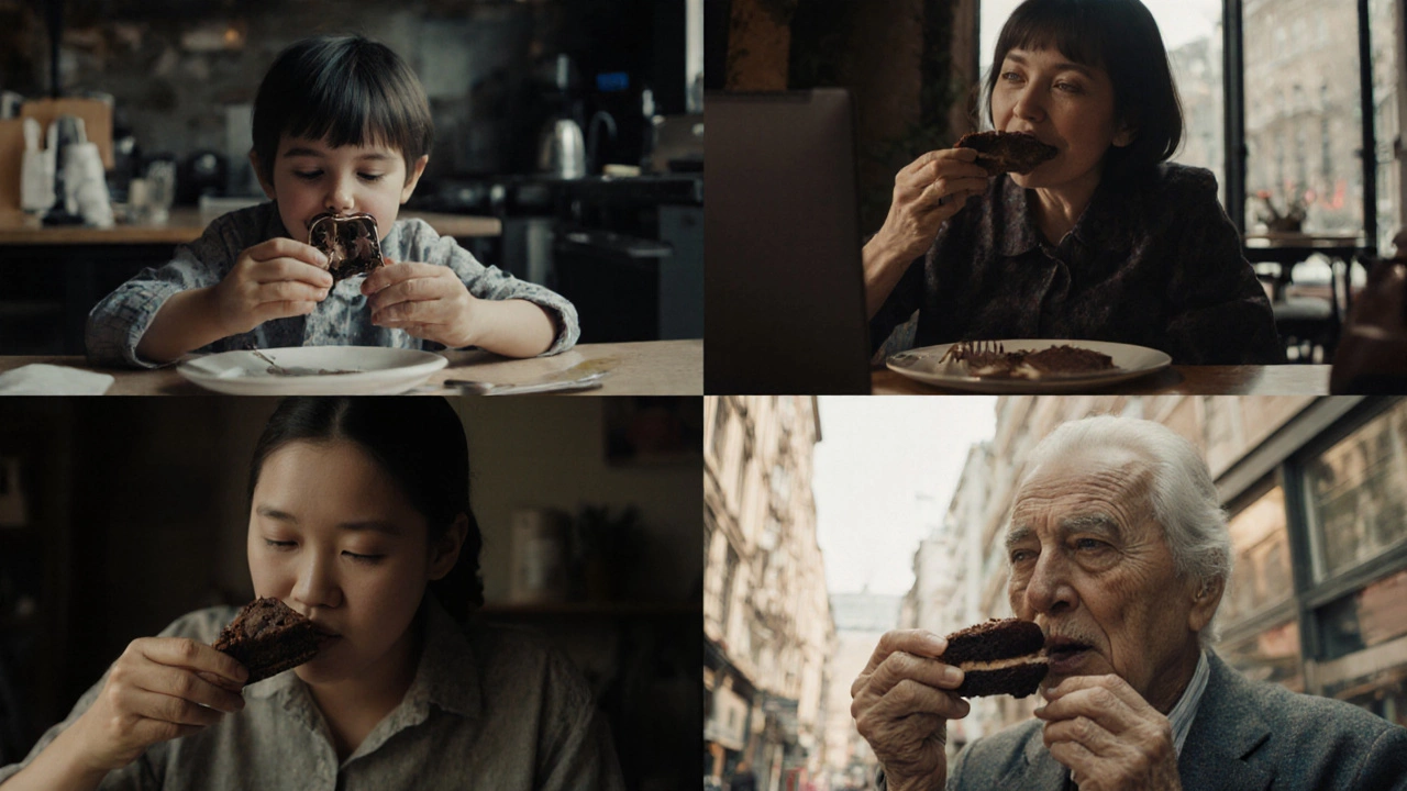 People from around the world quietly enjoying chocolate cake, eyes closed in bliss.