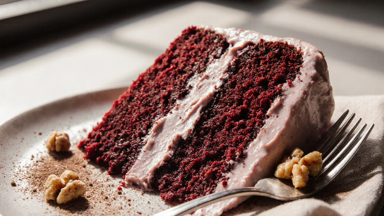 Red velvet cake with cream cheese frosting and crushed walnuts on a linen napkin.