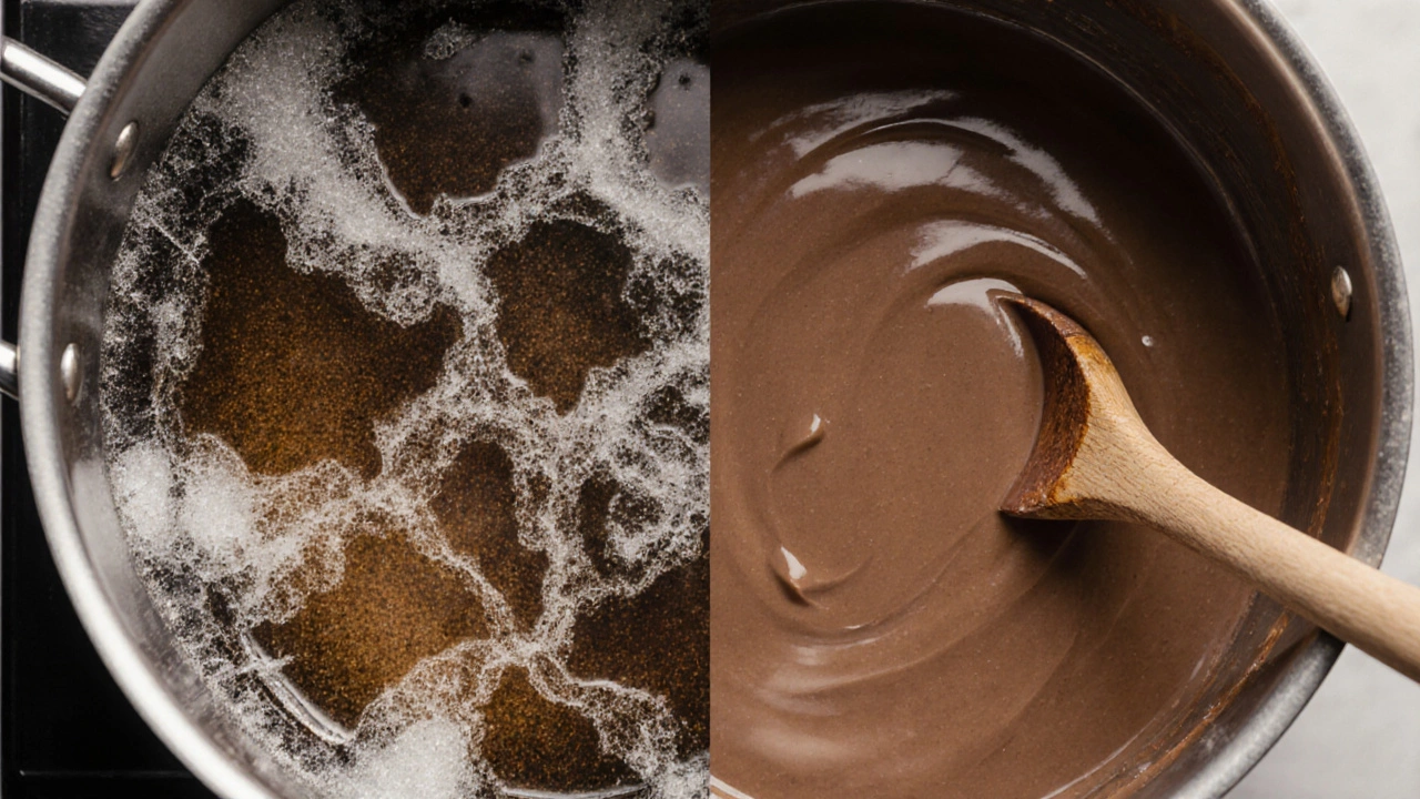 Split image showing grainy fudge on one side and smooth fudge being beaten on the other.