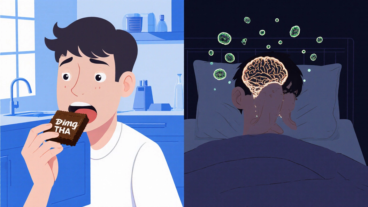 Split image: someone eating a high-dose brownie and later sleeping, with subtle THC particle trails.