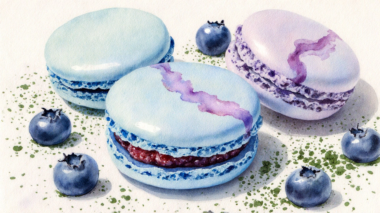 Three blue macarons in a tray with raspberry filling showing through one shell, surrounded by blueberries.