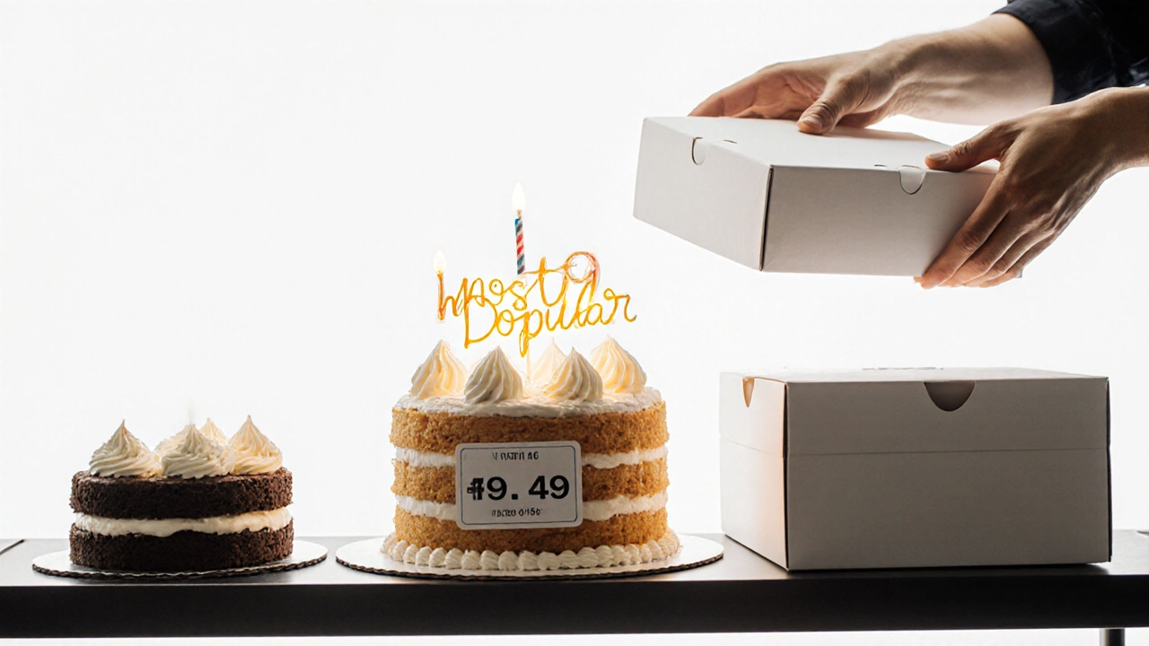 Three cake sizes on a bakery shelf, with the 9-inch cake highlighted as the most popular choice.