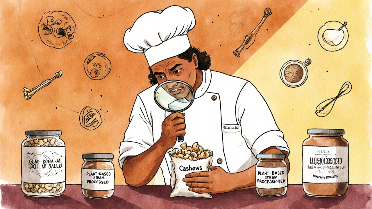 Vegan chef examining nut bags with labels showing different processing methods.