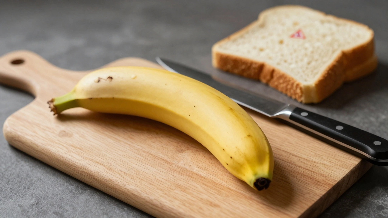 A banana and clean knife next to wheat bread, symbolizing cross-contamination risk.