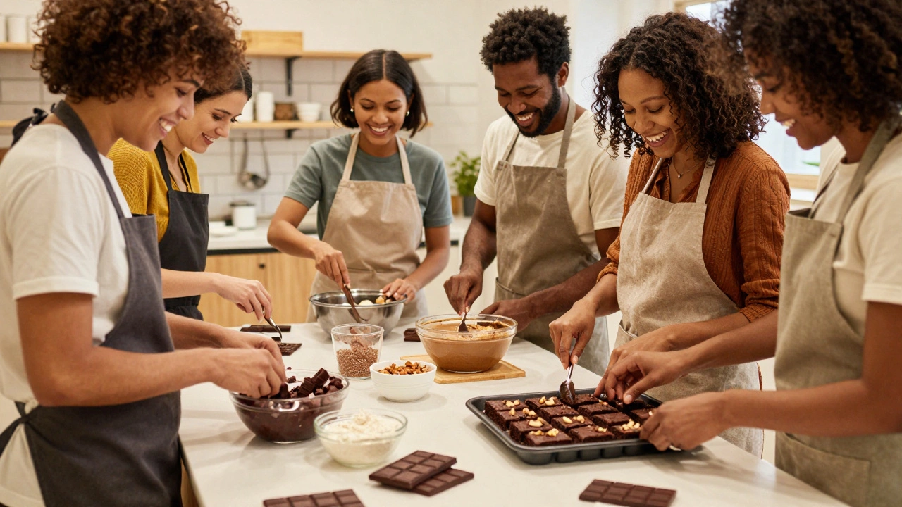 A diverse group baking brownies together in a community kitchen, ingredients scattered on the counter.