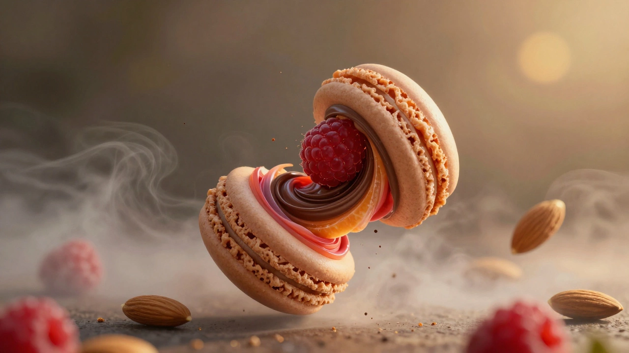 A floating macaron dissolving into colorful flavor mist under golden light.