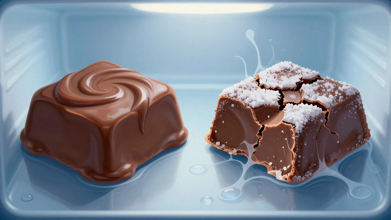 A fudge block transforming from smooth to chalky under fridge conditions.