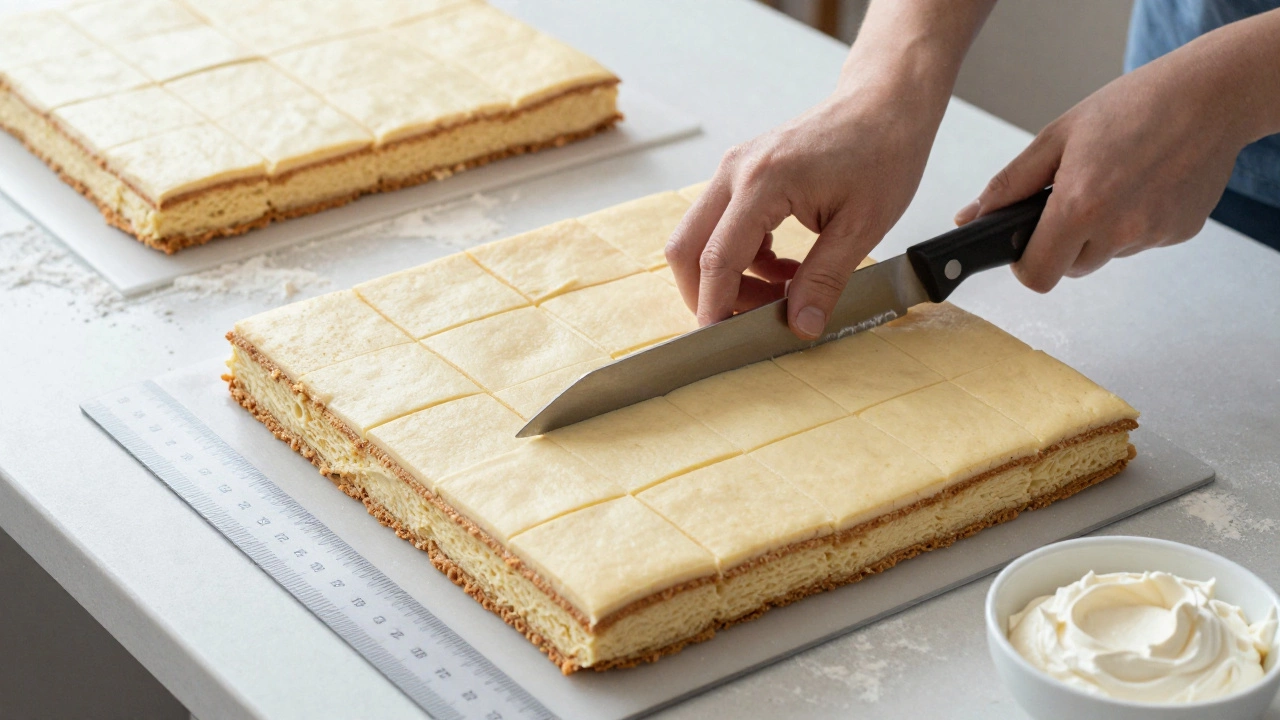 A sheet cake being sliced into even squares, with a second cake in the background, showing practical serving size planning.