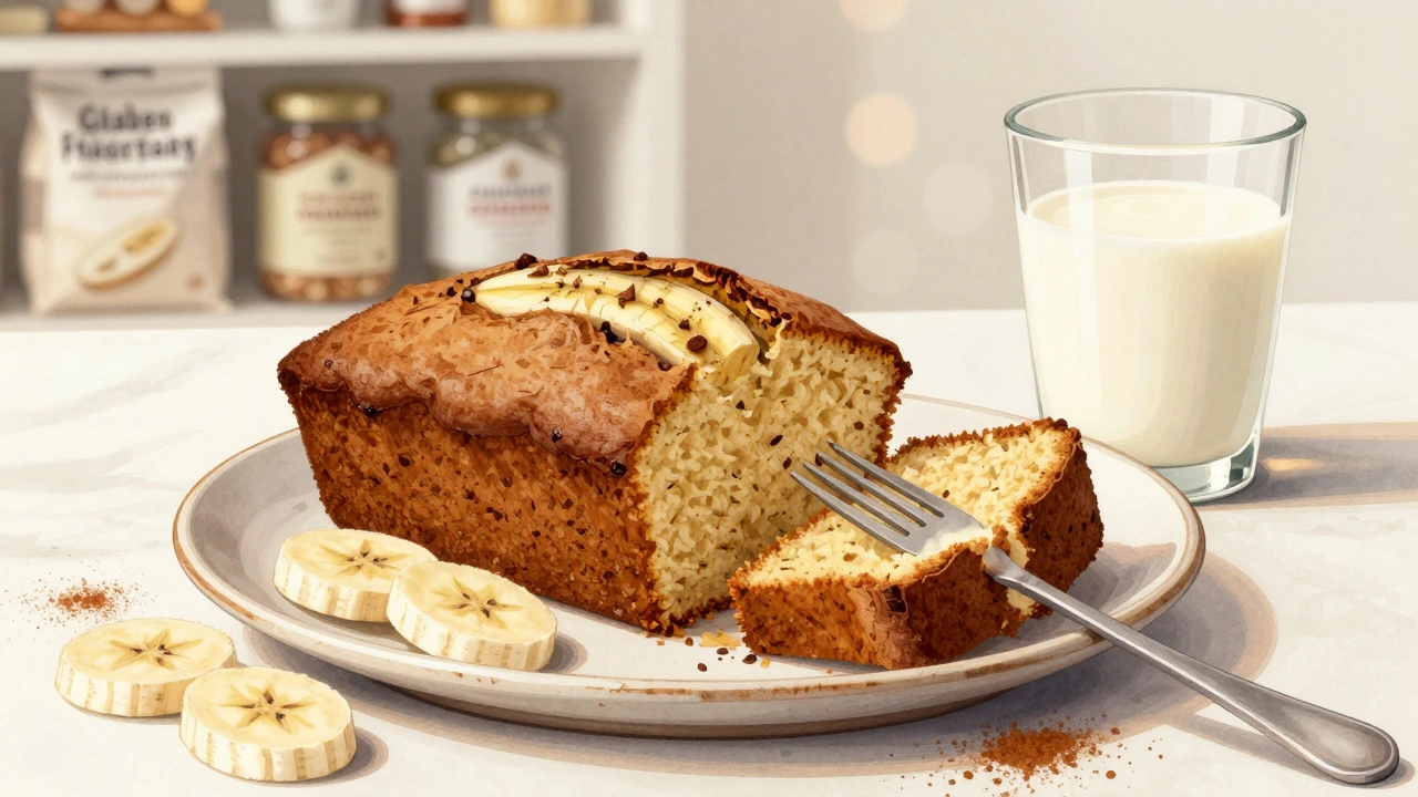 A slice of moist gluten-free banana cake on a plate with cinnamon and banana slices.