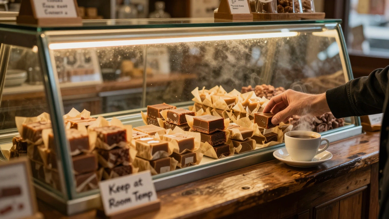 A warm candy shop display with fudge kept at room temperature under soft lights.