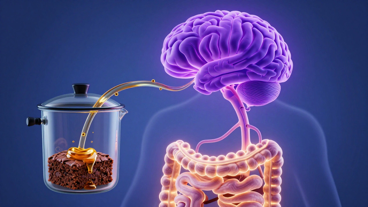 Abstract visualization of THC converting in the body into a stronger compound with glowing pathways.