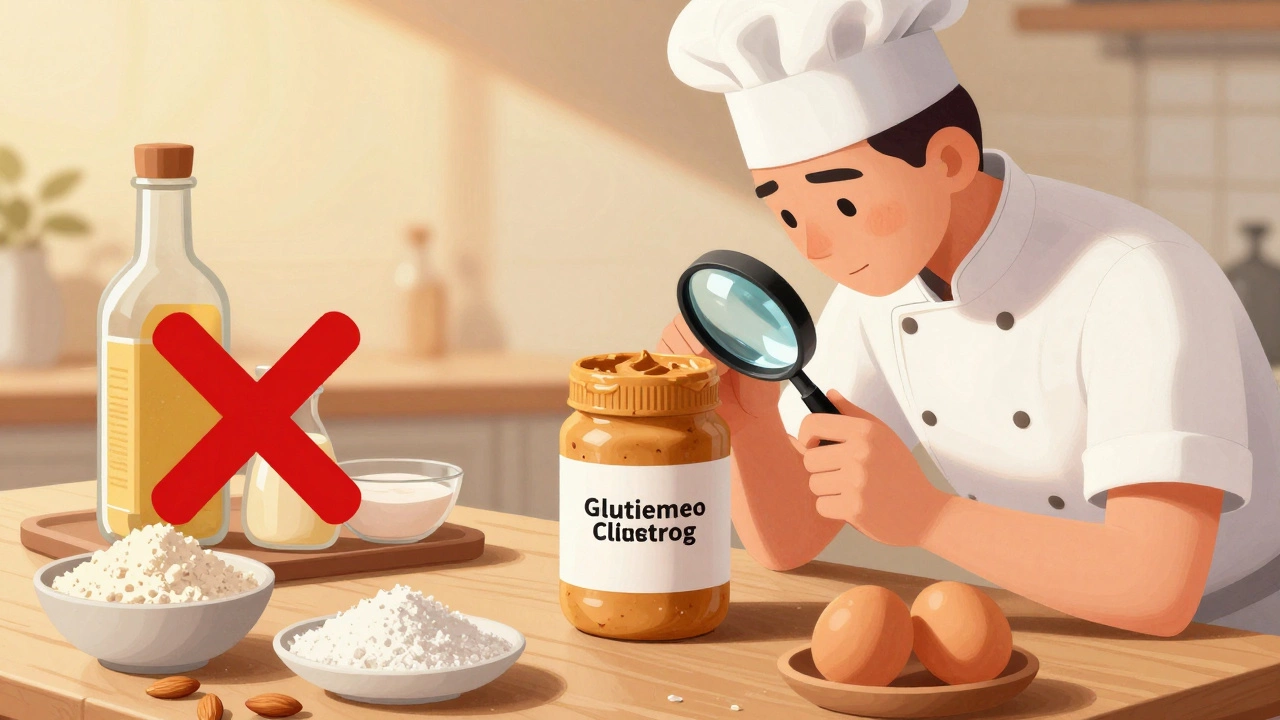 Baker examining a peanut butter label with a magnifying glass, surrounded by gluten-free baking ingredients.