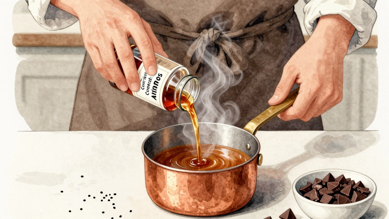 Baker pouring coconut aminos into caramel sauce with black sesame seeds nearby.