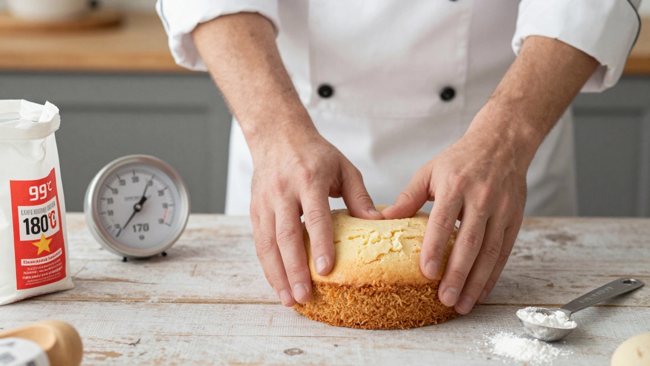 Baker’s hand testing cake doneness, thermometer showing 99°C beside an inaccurate oven dial.