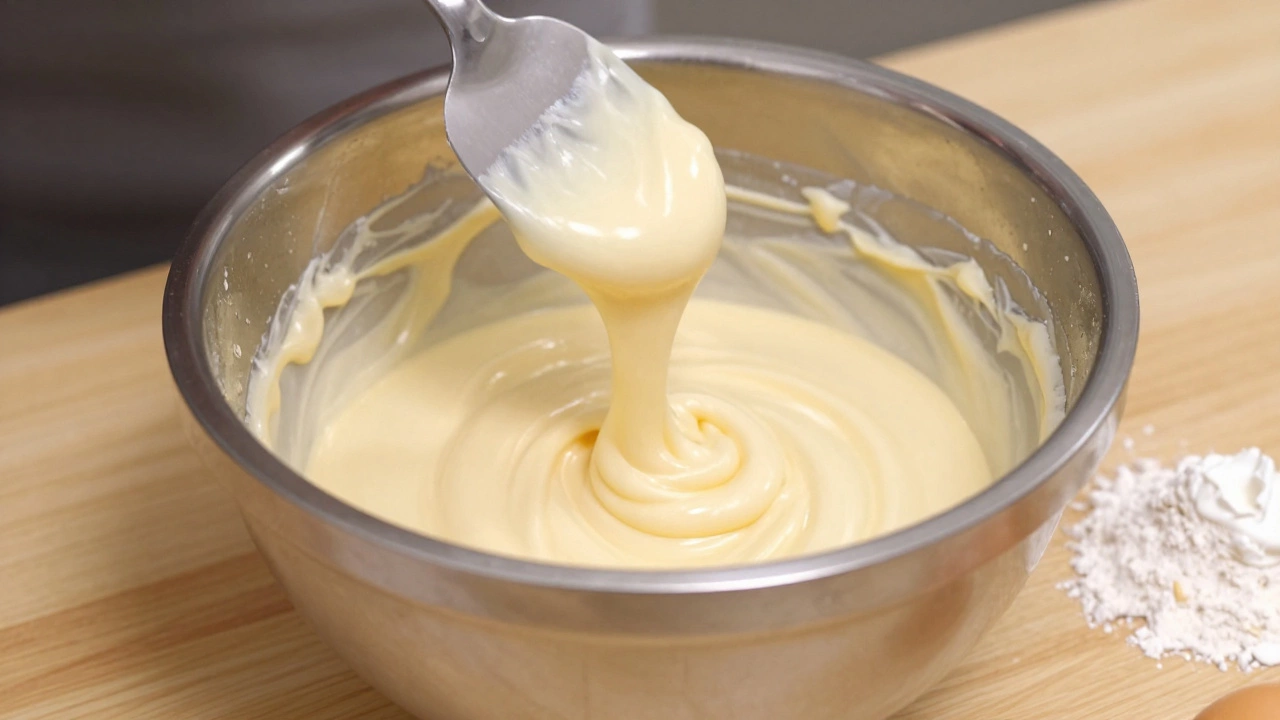 Batter flowing like lava from a spatula during macaronage