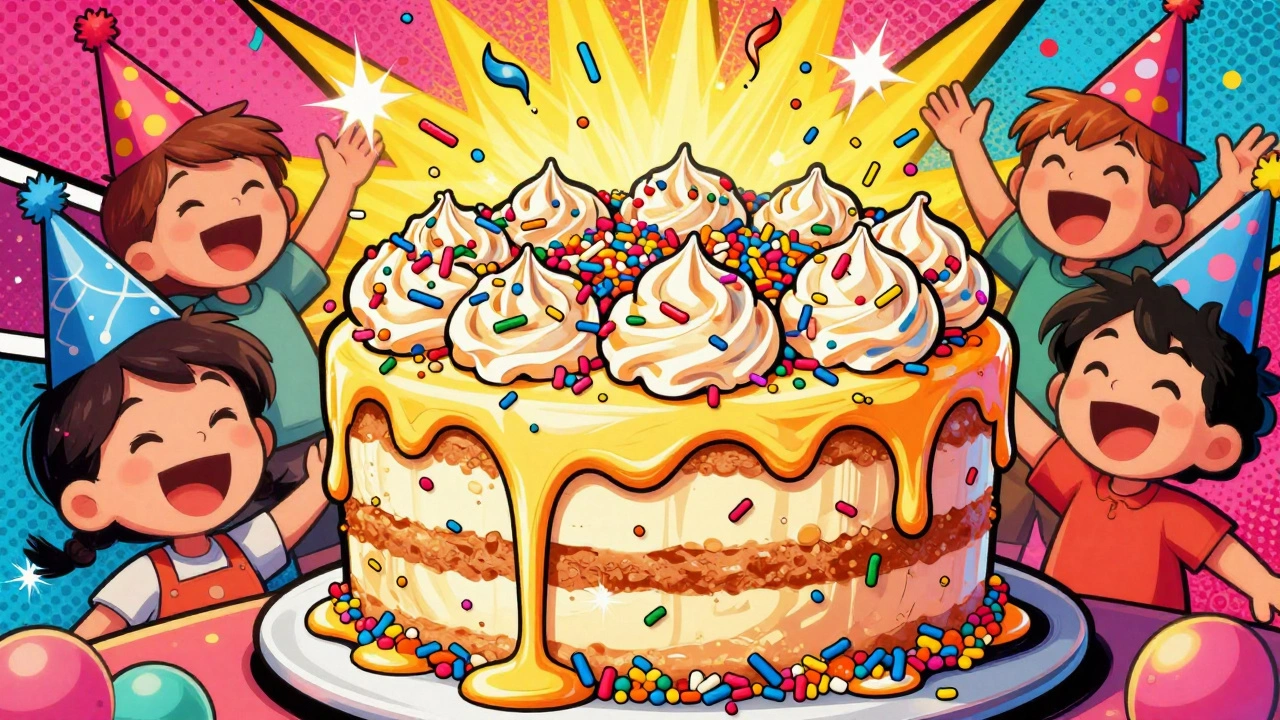 Bright Funfetti cake with rainbow sprinkles and swirling frosting, surrounded by joyful children.