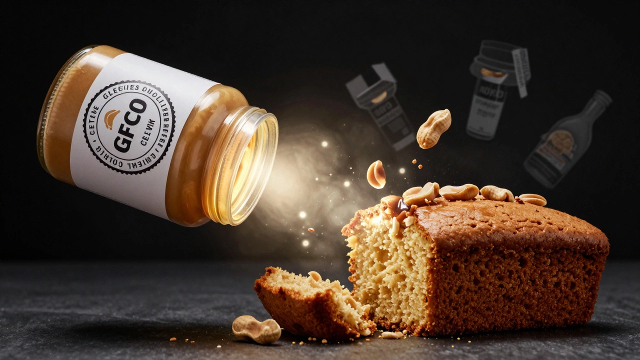 Certified gluten-free peanut butter jar glowing, transforming a cake into a safe, moist dessert.