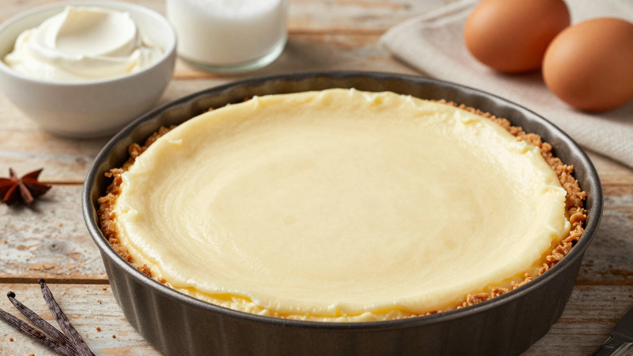 Close-up of creamy Biltmore cheesecake with graham cracker crust and simple ingredients nearby.