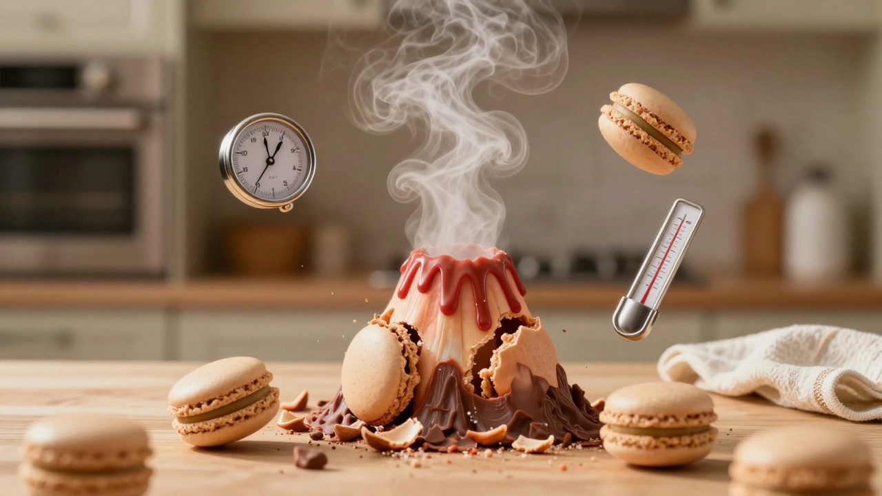 Cracked macaron with steam rising, surrounded by baking variables