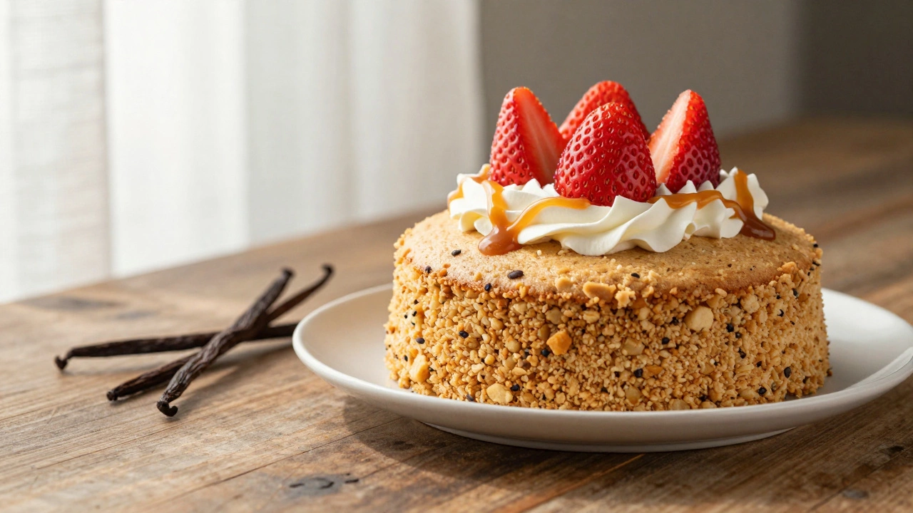 Elegant vanilla bean cake with fresh strawberries and caramel drizzle on a rustic table.