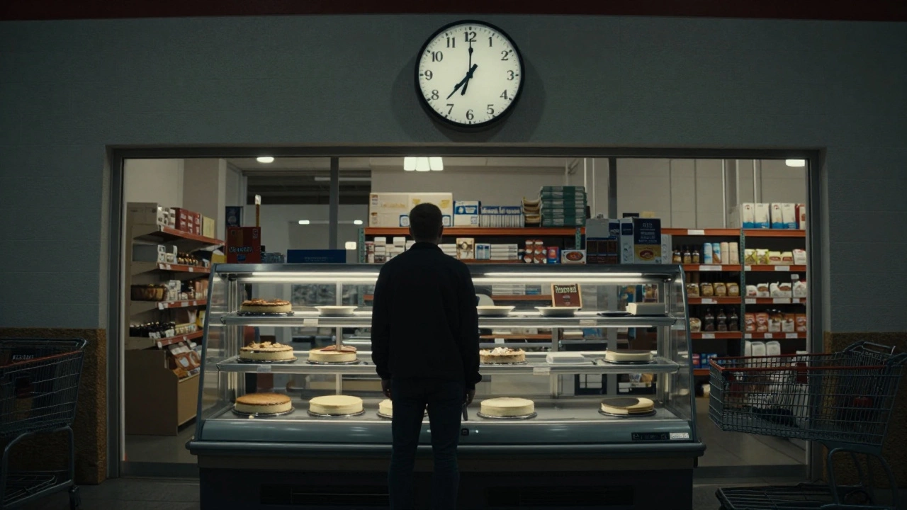 Empty Costco bakery case at closing time with a reserved cheesecake still on display.