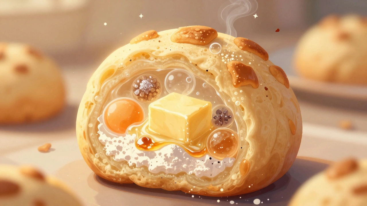 Golden-brown cookie baking in an oven, with visible layers of its seven essential ingredients inside.