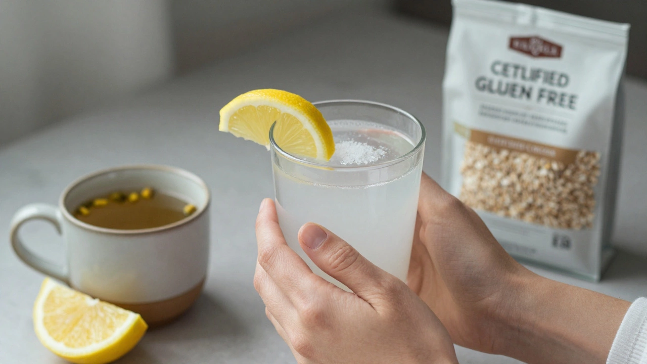Hands holding coconut water with lemon and sea salt beside chamomile tea.