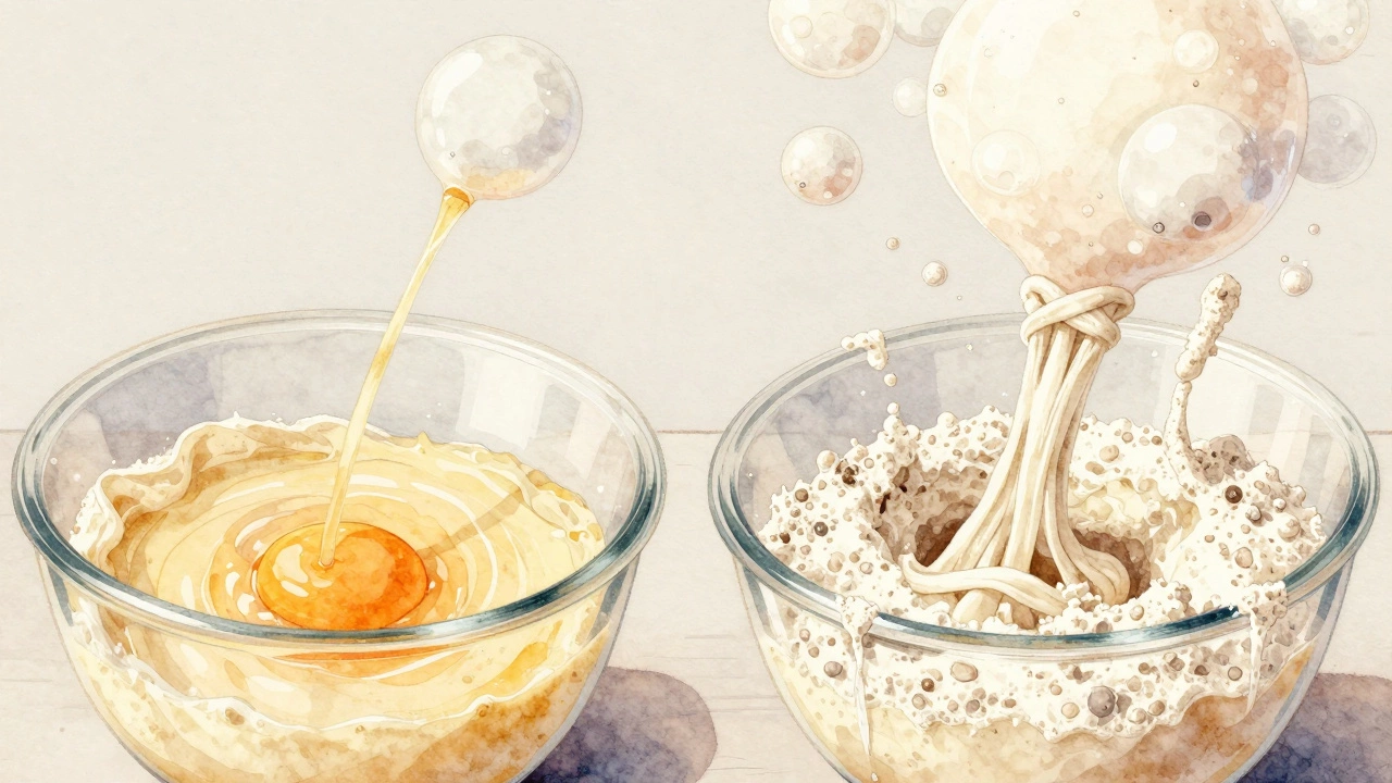 Illustration of overmixed batter with snapping gluten strands and bursting leavening bubbles.