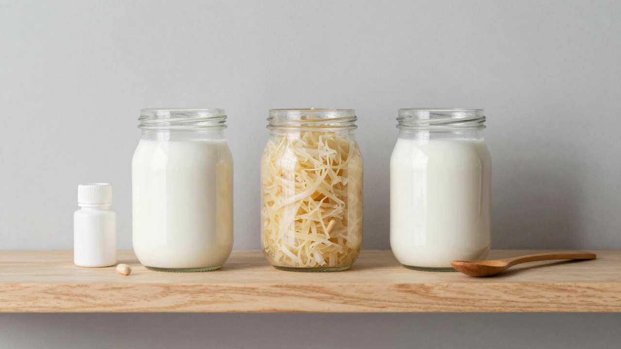 Jars of yogurt, sauerkraut, and kefir with probiotic capsules on a wooden shelf.