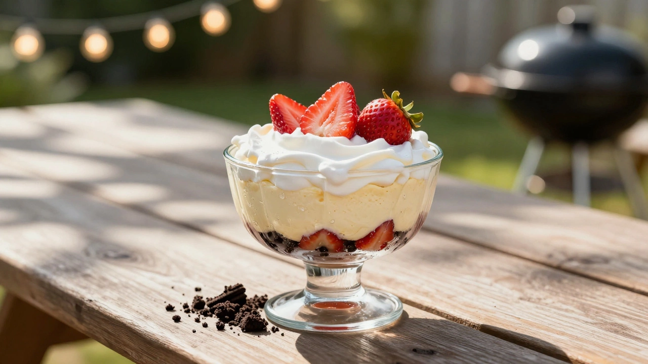 No-bake cheesecake in glass bowl with whipped cream and strawberries on a picnic table.