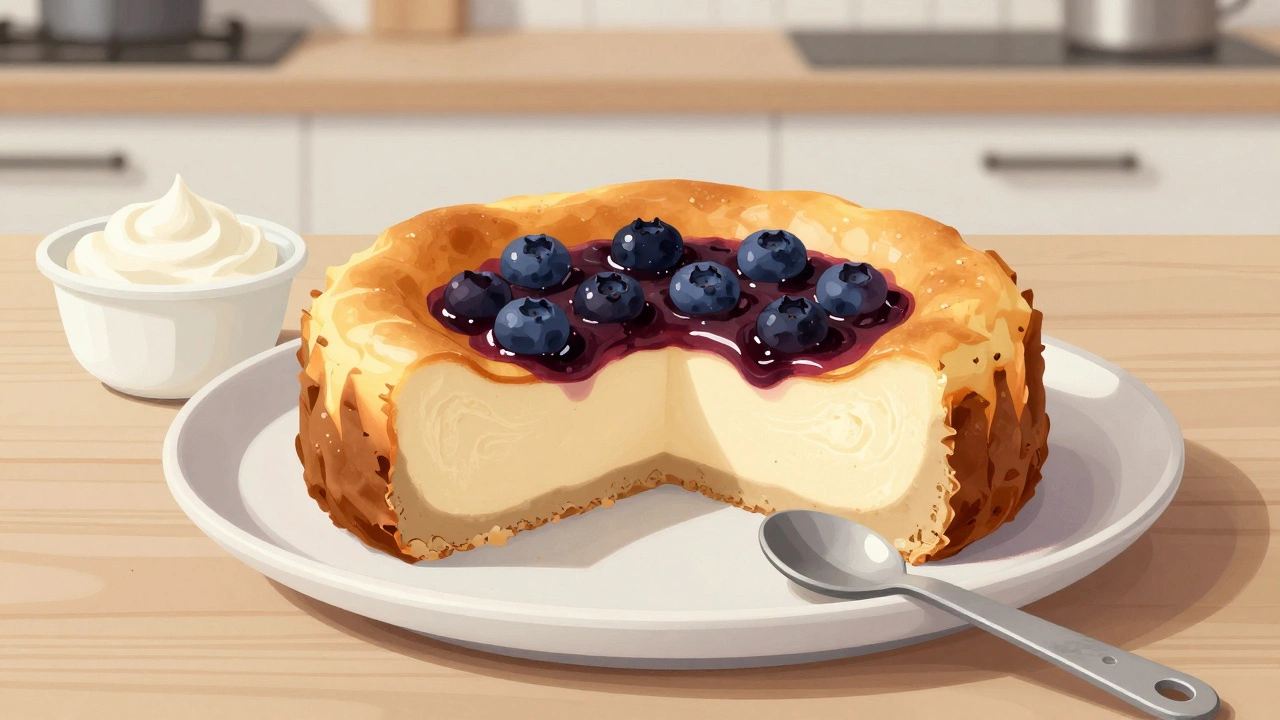 Sliced cheesecake with blueberry topping, showing a smooth, light interior and a gentle wobble.
