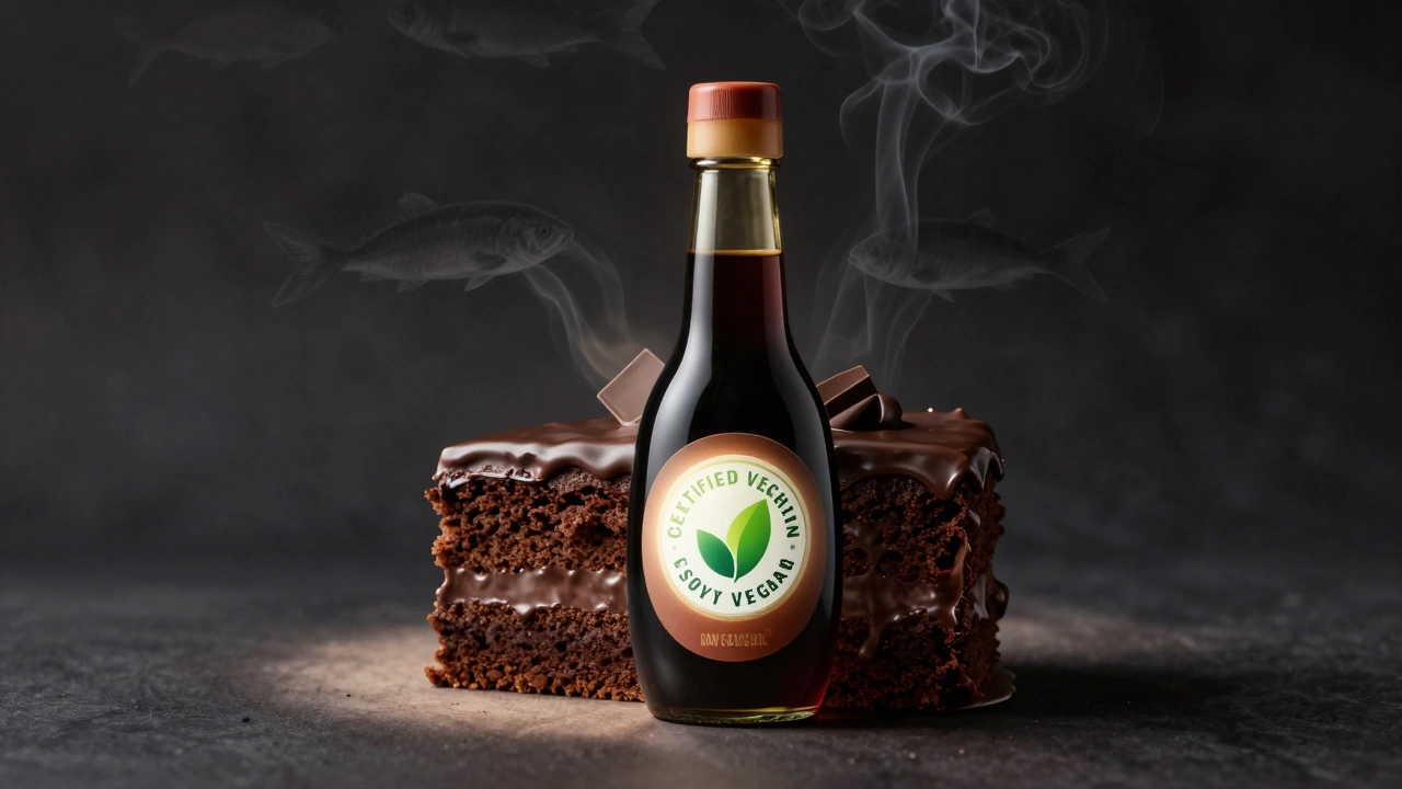 Soy sauce bottle blending into chocolate cake, fish shapes fading into smoke, vegan logo visible.