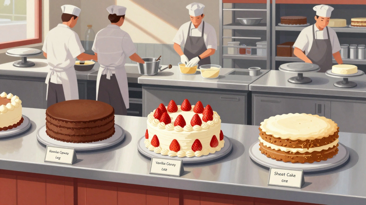 Three labeled Costco cakes on display at the bakery counter with bakers working behind.
