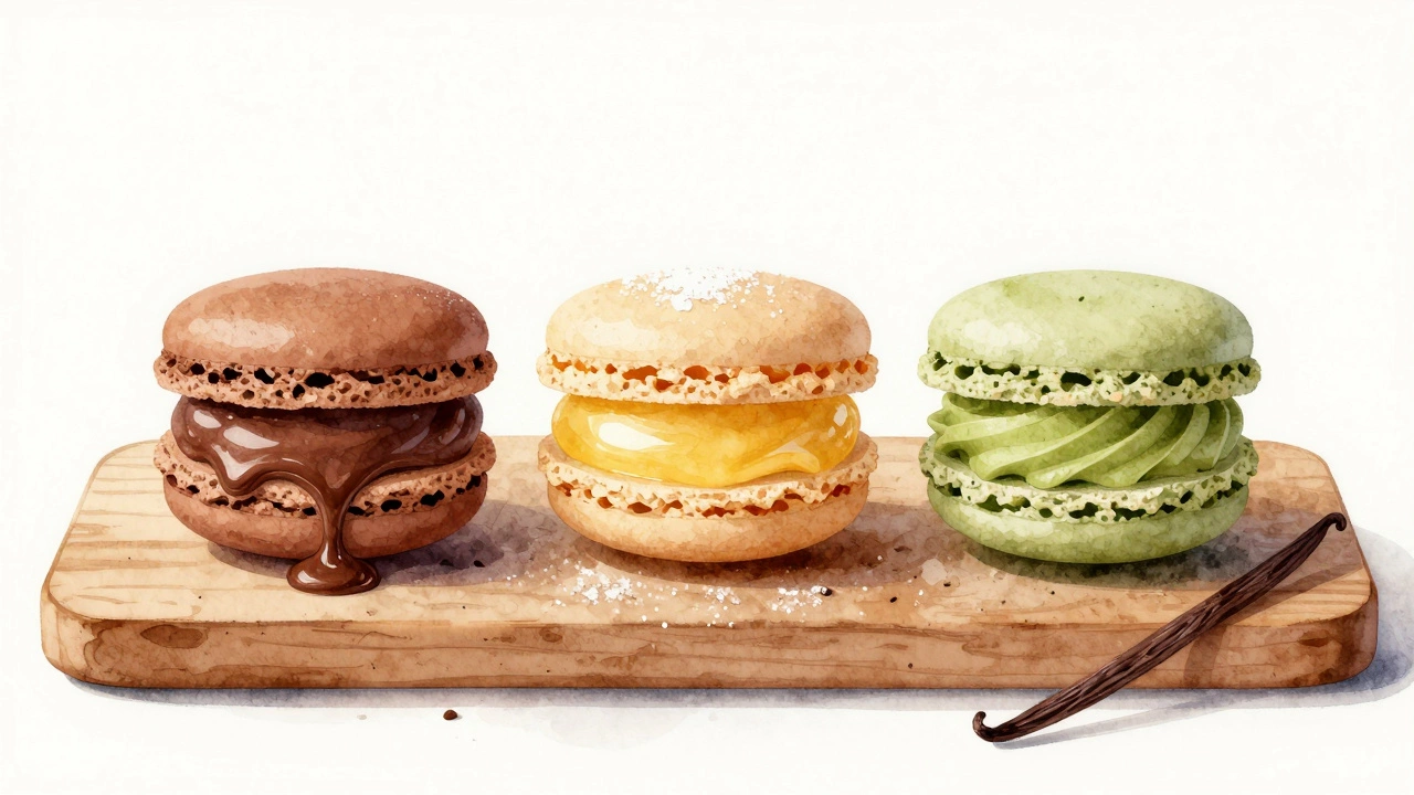 Three macarons with different fillings on a wooden board, sprinkled with vanilla beans and powdered sugar.