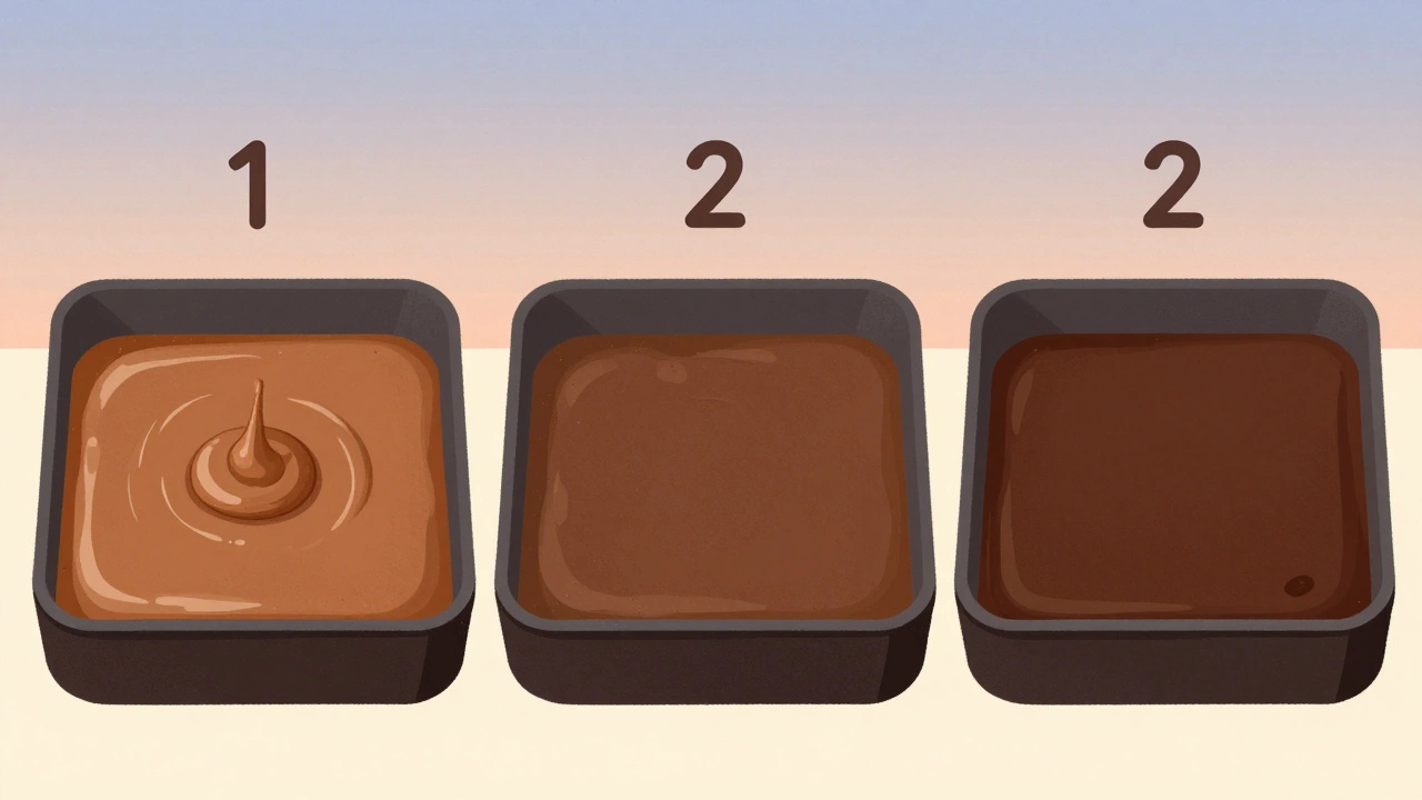 Time-lapse visual of fudge transitioning from shiny liquid to matte, set block.
