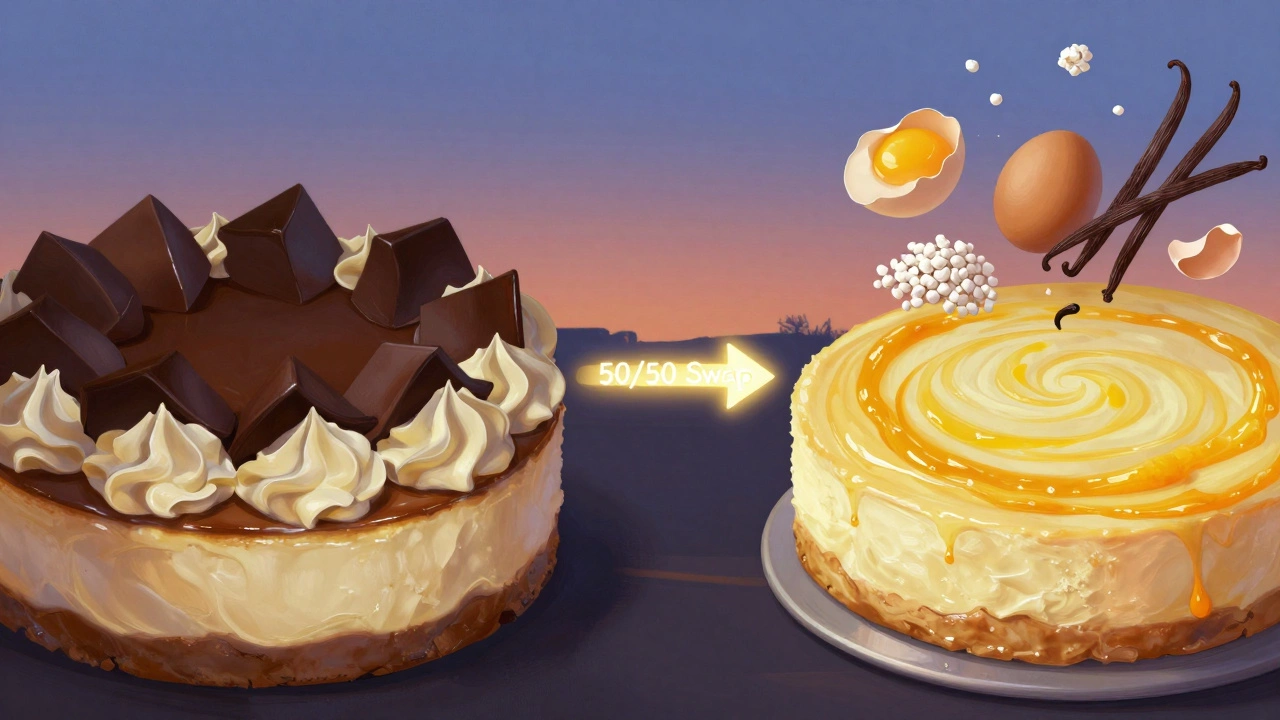 Two cheesecake styles side by side: dense traditional vs. light sour cream version, with ingredients floating around.