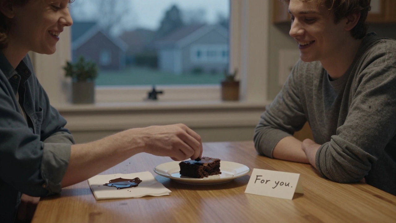 Two people sharing a brownie at a sunlit kitchen table, one smiling as they reach for it.