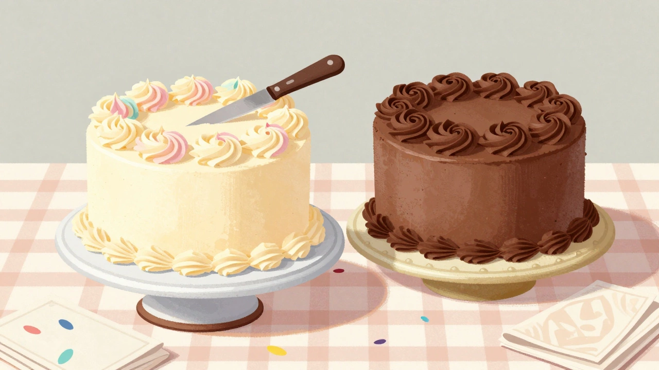 Two round cakes side by side on a vintage stand, decorated with buttercream and roses, perfect for a birthday party.