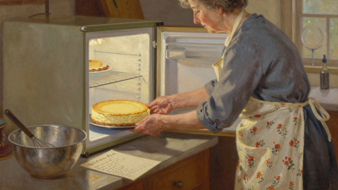 Woman placing Biltmore cheesecake in refrigerator, vintage kitchen with handwritten recipe.