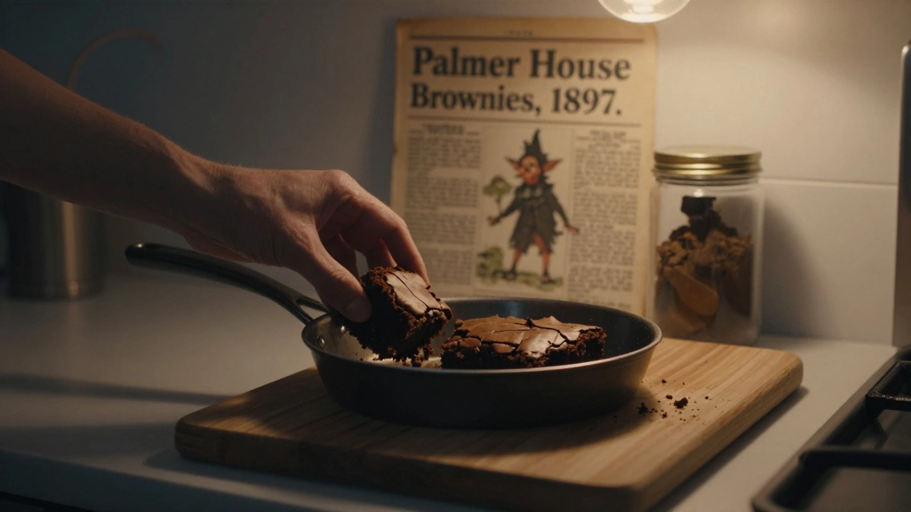 A hand pulling a warm brownie from a pan, with a vintage newspaper clipping and folklore sprite in background.