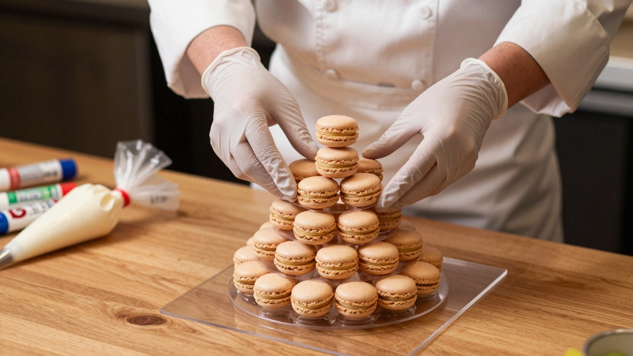 A pastry chef carefully stacking macaron tiers using acrylic separators and royal icing.