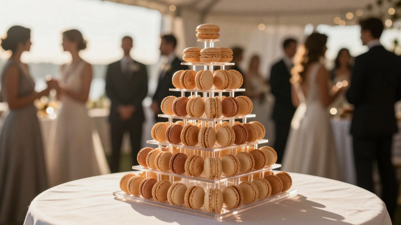 A square macaron tower with 52 macarons displayed at a luxury wedding dessert table.