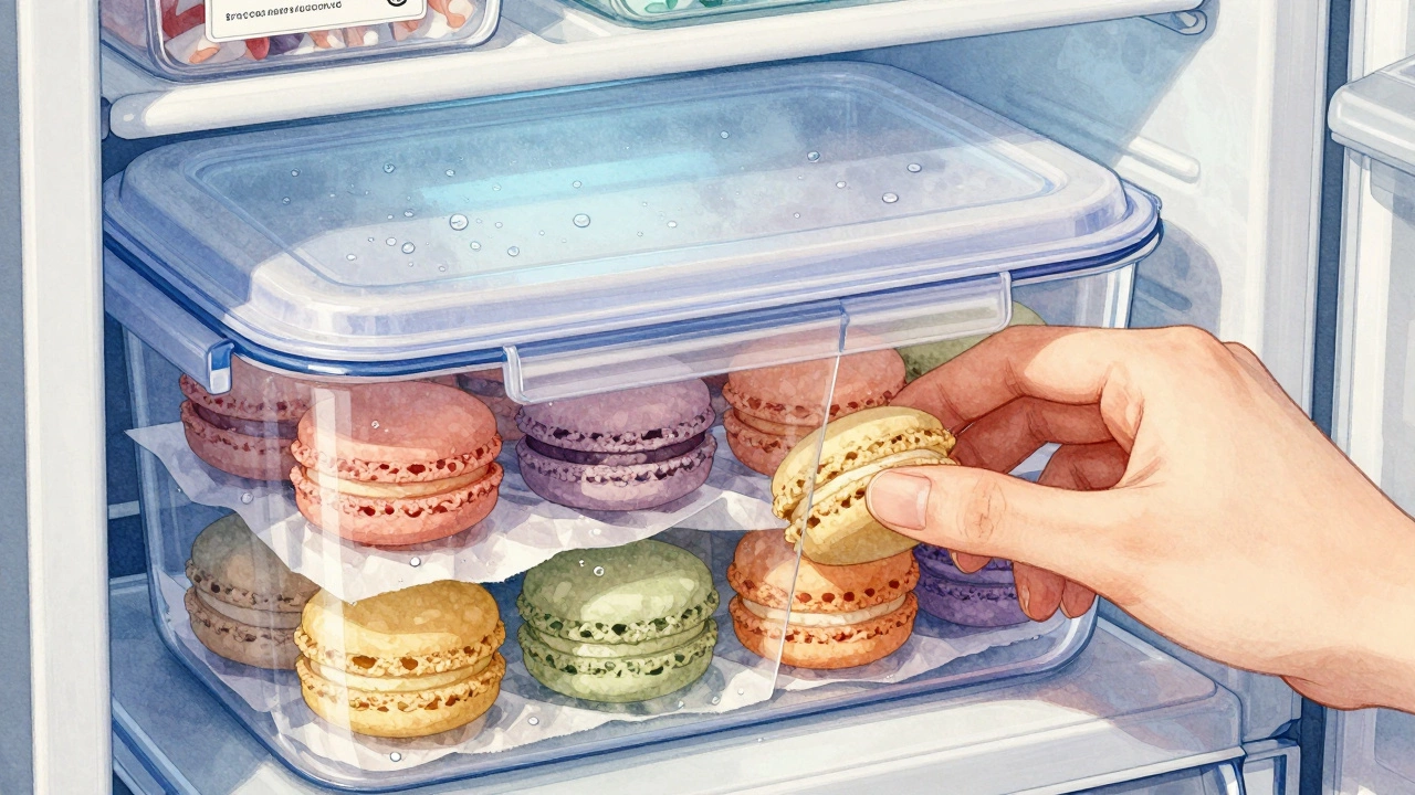 Airtight container in fridge with layered macarons and parchment paper, condensation on lid.