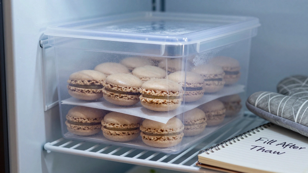 Frozen macaron shells stored in a labeled container inside a freezer with frosty lighting.