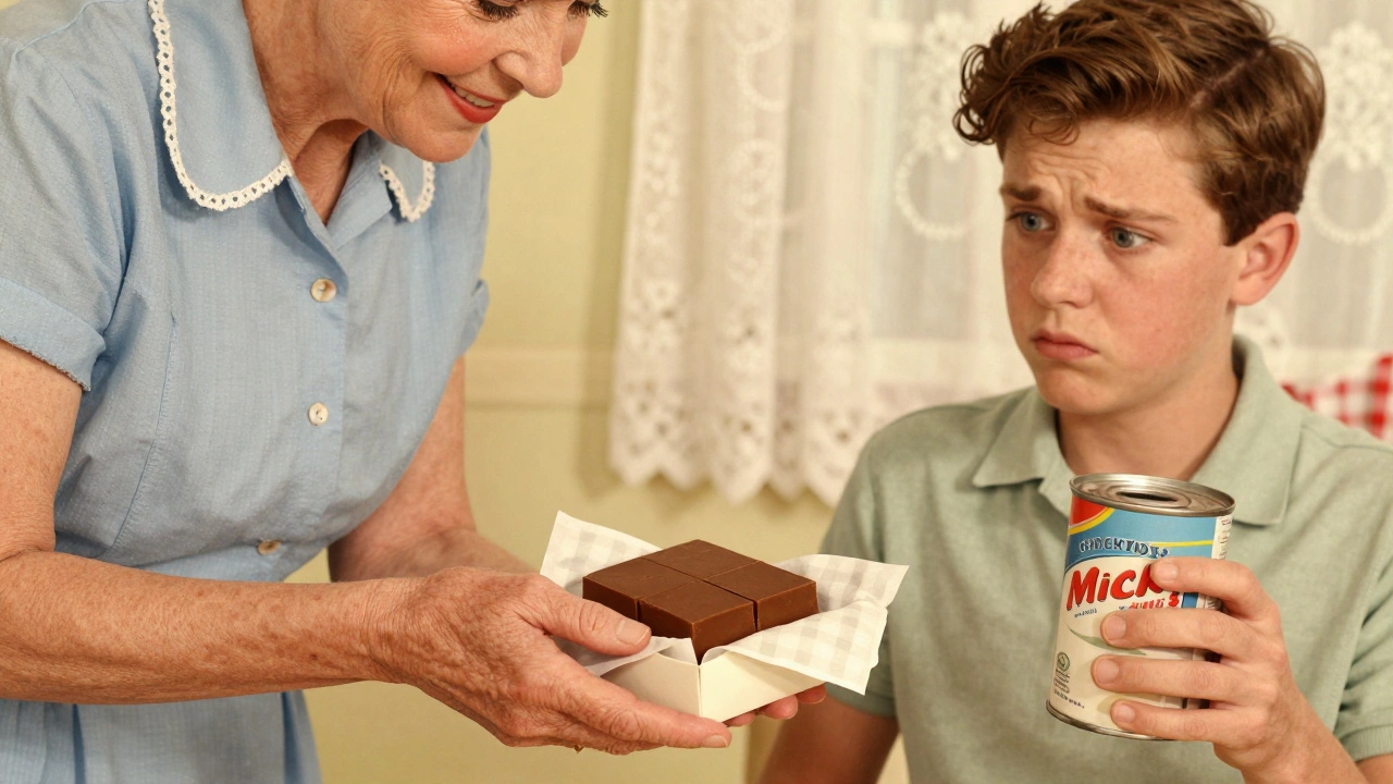 Grandmother wrapping fudge as someone holds a can of condensed milk in confusion.