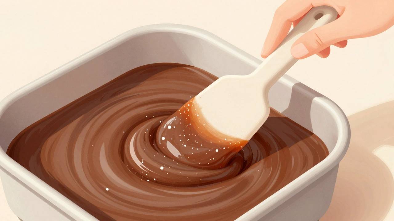 Hand stirring cooled fudge with a silicone spatula as it turns from glossy to matte.