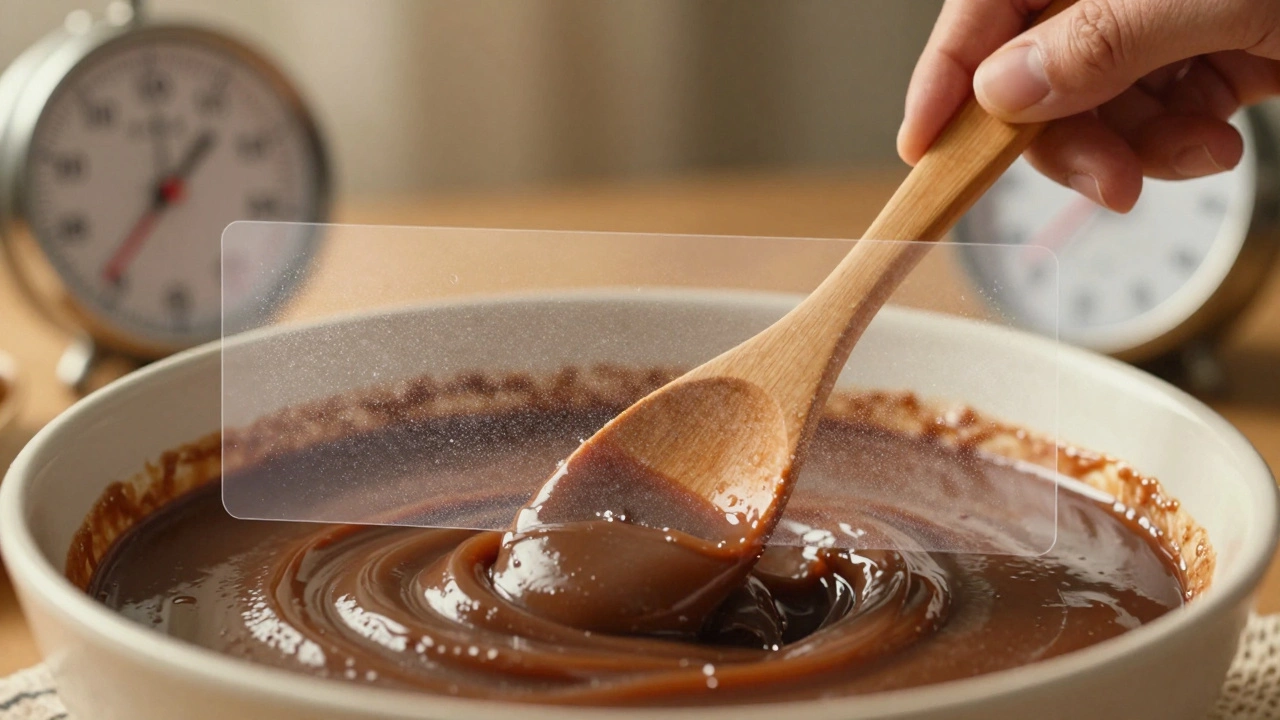 Hand stirring fudge as sugar crystals form evenly at 110°F.