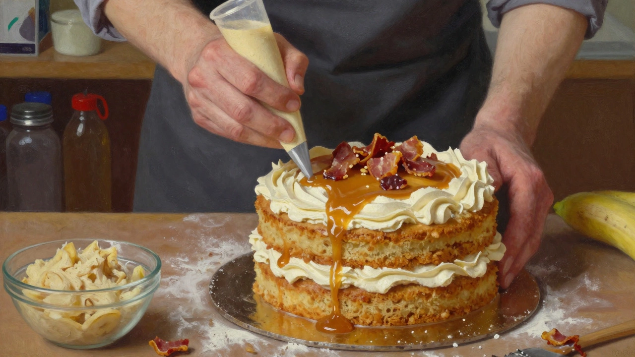 Hands frosting an Elvis cake, sprinkling bacon and drizzling caramel on a wooden countertop.