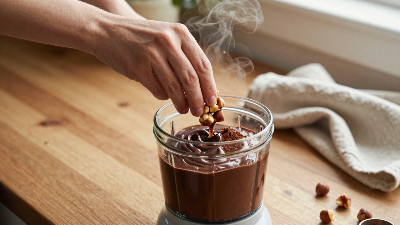 Hands making homemade vegan chocolate hazelnut spread in a food processor.